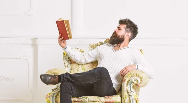 Concepto de conocimiento. Hombre con barba y bigote se sienta en sillón y libro de lectura, fondo blanco de la pared. Científico, profesor de cara seria explora la literatura. Macho smart pasa el ocio con el libro —  Fotos de Stock