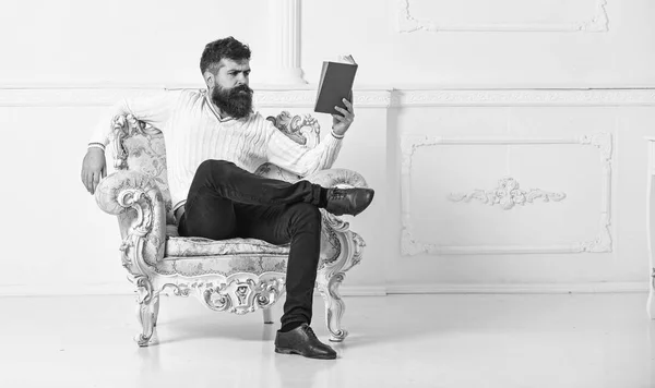 Concept de connaissance. Homme à la barbe et à la moustache assis sur un fauteuil et un livre de lecture, fond mural blanc. Macho smart passe ses loisirs avec le livre. Scientifique, professeur sur le visage sérieux explore la littérature — Photo