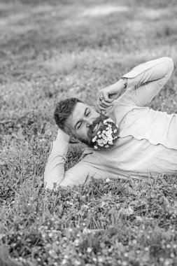 Flört kavramı. Papatyalar sakal içinde buket adamla bıyık katlanmış. Mutlu yüz sakallı doğa keyfini çıkarın. Daisy çiçeklerle sakalı sakallı adam çayır üzerinde yatıyordu, yandan yalın, arka plan çimen