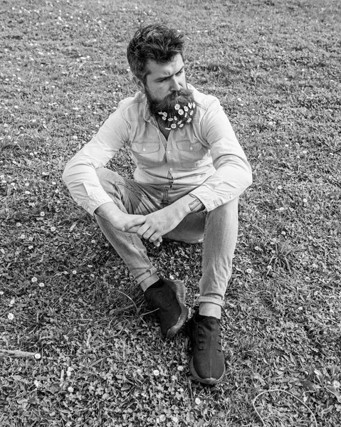 Hipster σε αυστηρή στοχαστικό πρόσωπο κάθεται στο γρασίδι. Άνοιξη έννοια. Άνθρωπος με μακρύ μούσι και μουστάκι, defocused πράσινο λιβάδι φόντο. Βάναυση macho με Μαργαρίτα ή χαμομήλι λουλούδια στα γένια — Φωτογραφία Αρχείου