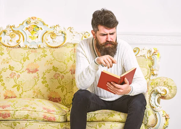 Macho en el libro de lectura de caras concentradas. Escandaloso concepto de best seller. Un tipo leyendo el libro con atención. Hombre con barba y bigote se sienta en el sofá de estilo barroco, sostiene libro, fondo blanco de la pared —  Fotos de Stock