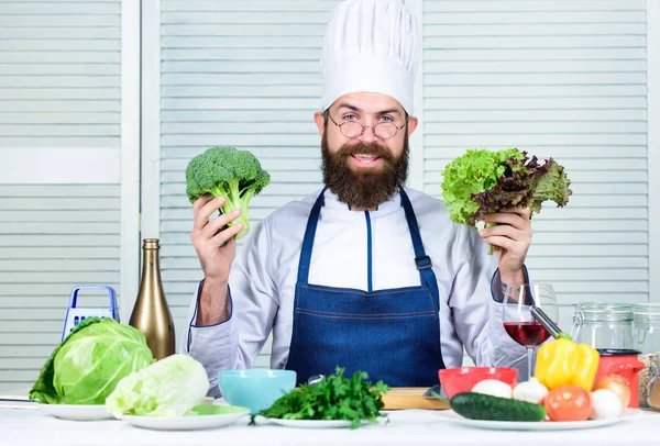 Man cook hat and apron hold broccoli. Organic vegetables. Healthy nutrition concept. Bearded professional chef cooking healthy food. Healthy vegetarian recipe. I choose only healthy ingredients — Stock Photo, Image