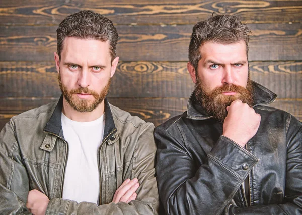 Leather fashion menswear. Handsome stylish and cool. Brutal men wear leather jackets. Men brutal bearded hipster posing in fashionable black leather jackets. Feel confident in brutal leather clothes — Stock Photo, Image