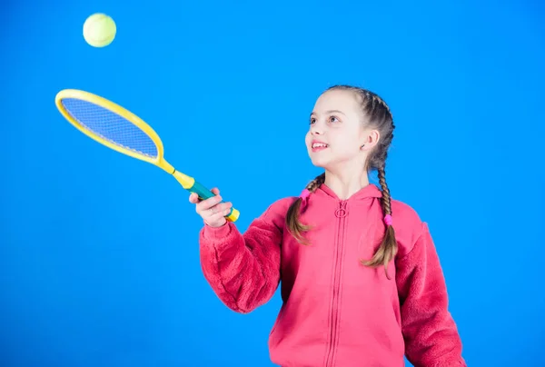 Tennis player with racket and ball. Little teen girl. Fitness diet brings health and energy. Happy child teen girl play tennis. Sport game success. Gym workout of teen girl. teen girl practice skills — Stock Photo, Image