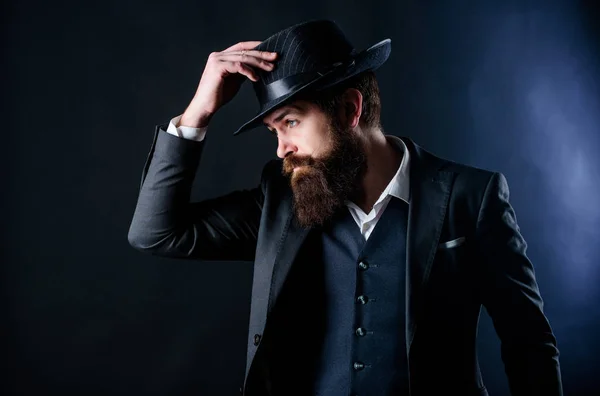 Businessman in suit. Mafia boss. in hat Mature hipster with beard. Male formal fashion. Stylish Mafia boss. caucasian hipster with moustache. Bearded man mafia boss. gentleman or detective agent