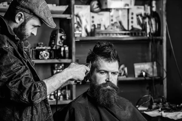 Barber with clipper trimming hair on temple of client. Hipster lifestyle concept. Hipster client getting haircut. Barber with hair clipper works on hairstyle for bearded man barbershop background