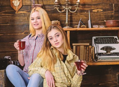 Rahatlatıcı ve mulled şarap içme kızlar. Arkadaşlar rahat kıyafetler içinde sıcak atmosferi, ahşap iç tadını çıkarın. Gülümseyen yüzler kareli giysiler rahatlatıcı arkadaşlar. Tatil ve tatil kavramı