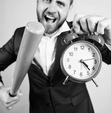 Discipline and sanctions. Boss aggressive face hold alarm clock and baseball bat. Man suit hold clock in hand and arguing for being late. Business discipline concept. Time management and discipline clipart