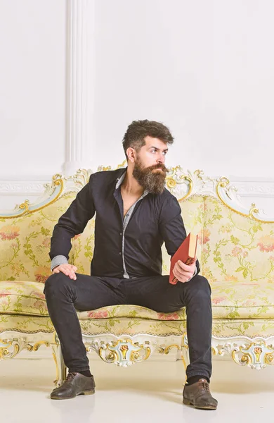 El hombre con barba y bigote pasa el ocio con el libro. Profesor sentarse en el sofá y sostiene libro, fondo blanco de la pared. Científico, profesor de cara reflexiva analizando literatura. Concepto inteligente —  Fotos de Stock