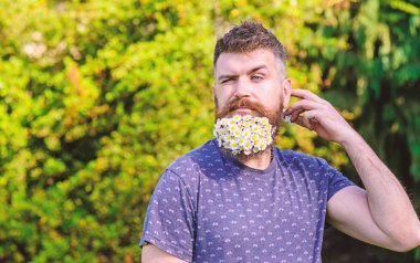 Kuaför ve saç modeli kavramı. Daisy çiçeklerle sakalı sakallı adam. Hippi papatyalar sakal içinde buket. Sakal ve bıyık defocused katı yüz, yeşil arka plan üzerinde olan adam