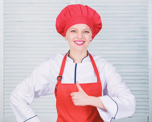 Lady adorable chef teach culinary arts. Best culinary recipes to try at home. Improve culinary skill. Welcome to my culinary show. Woman pretty chef wear hat and apron. Uniform for professional chef