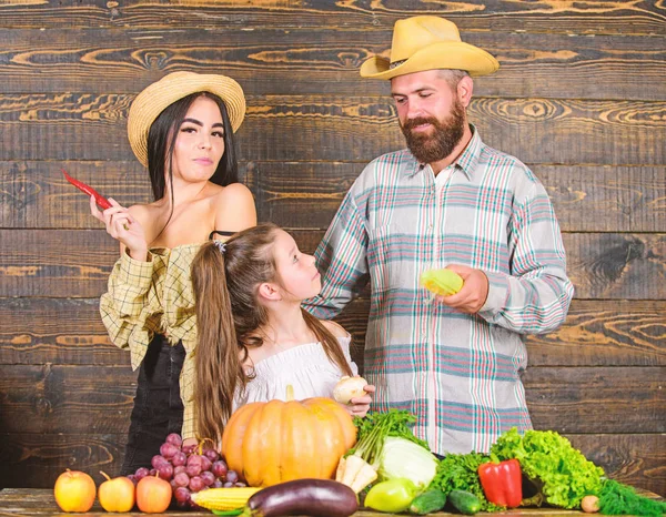Family farmers with harvest wooden background. Parents and daughter celebrate autumn harvest festival. Family rustic style farmers at market with vegetables fruits and greenery. Family farm concept