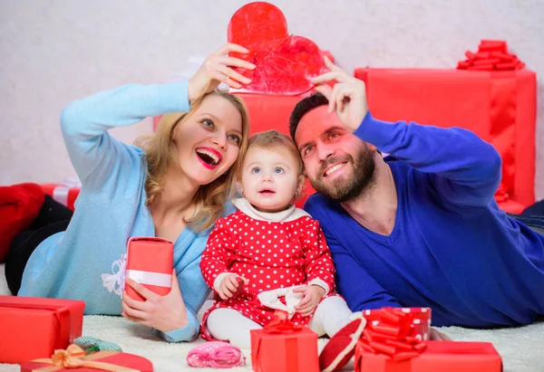 Happy parents. Life can not be better. Family celebrate anniversary. Couple in love and baby daughter. Valentines day concept. Together on valentines day. Lovely family celebrating valentines day