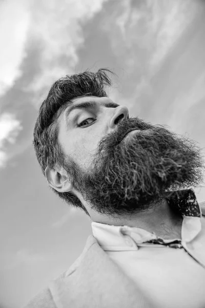 Consejos de expertos para cultivar bigote. Hombre barbudo hipster con bigote fondo cielo. Mira mi barba larga. Guía de aseo de bigote definitiva. Hipster guapo barbudo atractivo chico vista inferior — Foto de Stock