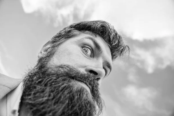 Check out my long beard. Ultimate moustache grooming guide. Hipster handsome bearded attractive guy bottom view. Expert tips for growing moustache. Man bearded hipster with mustache sky background