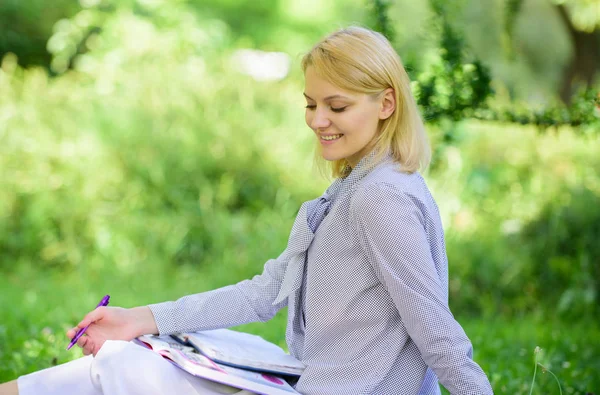 Remote job concept. Managing business remote outdoors. Woman with laptop sit grass meadow. Best jobs to work remotely. Stay free with remote job. Business lady freelance work outdoors