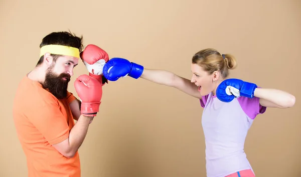 Boxing sport concept. Couple girl and hipster practicing boxing. Sport for everyone. Amateur boxing club. Equal possibilities. Strength and power. Ready to fight. Man and woman in boxing gloves — Stock Photo, Image