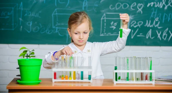 Lección escolar. Chica linda pupila de la escuela jugar con tubos de ensayo y líquidos de colores. Experimento químico escolar. Educación escolar. Interesante enfoque para aprender. Futuro científico. Explorar e investigar —  Fotos de Stock