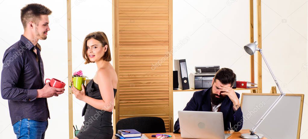Sexual desire. Flirting and seduction. Flirting with coworker coffee break. Woman flirting with coworker. Woman attractive working man colleague. Office collective concept. More than just friends