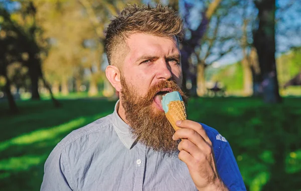 Conceito arrepiante. Homem de barba comprida lambe gelado, de perto. Homem com barba e bigode no rosto calmo come sorvete, fundo da natureza, desfocado. Homem barbudo com cone de sorvete — Fotografia de Stock