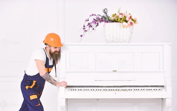Hombre fuerte sonriente con barba elegante y bigote tratando de mover el viejo piano de madera con florero. Obrero guapo en casco protector naranja aislado sobre fondo blanco — Foto de Stock