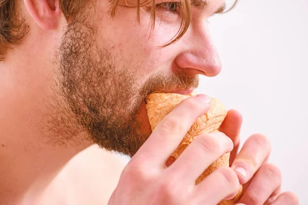 Man eats croissant and drinking coffee. Handsome man drinking morning coffee in the bed. Relaxation and recreation. Breakfast in bed. Royalty Free Stock Photos