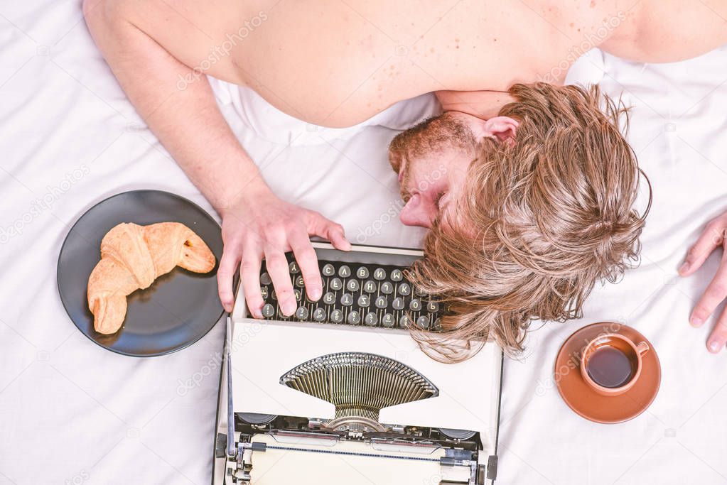 Workaholic fall asleep. Man with typewriter sleep. Deadline concept. Worked all night. Man fall asleep. Writer used old fashioned typewriter. Author tousled hair fall asleep while write book
