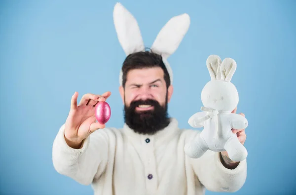 O costume de dar ovos. Celebração de férias de primavera. Coelho da Páscoa entregando ovos coloridos. Hipster com longas orelhas de coelho segurando a lebre poedeira. Homem barbudo com brinquedo de coelho e ovo de Páscoa — Fotografia de Stock