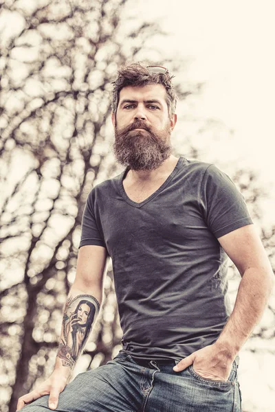 Tired middle-aged man with long beard standing in park on warm spring day. Muscular brutal man with tattooed arm wearing dark blue T-shirt and denim jeans walking in urban scene — Stock Photo, Image