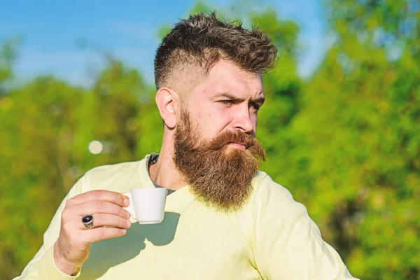 Coffee gourmet concept. Bearded man with espresso mug, drinks coffee. Man with beard and mustache on strict face drinks coffee, natural background, defocused. Man with long beard enjoy coffee