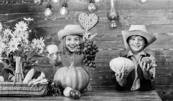 Általános iskola őszi fesztivál ötlete. Gyerek lány fiú viseljen kalapot ünnepelni Szüreti Fesztivál rusztikus stílusban. Fesztivál szünidőben. Szüreti Fesztivál ünneplik. Gyermekek közelében zöldség fából készült háttér — Stock Fotó