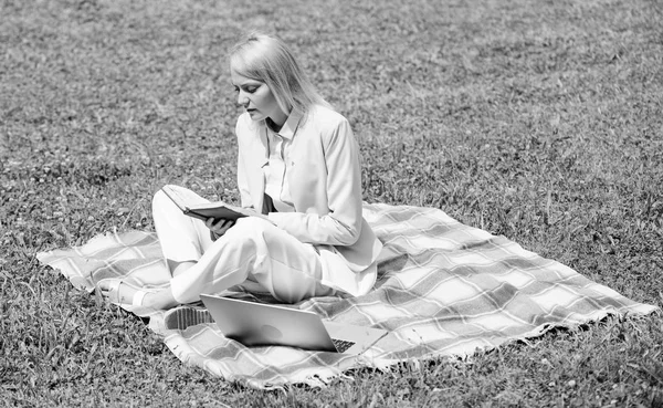 Freelancing iş başlatmak için adımları. Bayan freelancer iş açık havada. Online iş fikirleri kavramı. Kadın laptop ya da defter ile halı yeşil çim çayır üzerinde oturmak. İş piknik kavramı