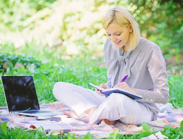 Business lady freelance work outdoors. Become successful freelancer. Freelance career concept. Guide starting freelance career. Managing business outdoors. Woman with laptop sit grass meadow