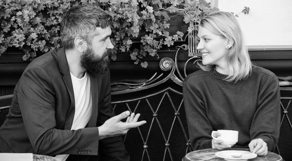 Meet become acquaintances. Meeting people first date. Couple terrace drinking coffee. Casual meet acquaintance public place. Romantic couple. Normal way to meet and connect with other single people — Stock Photo, Image