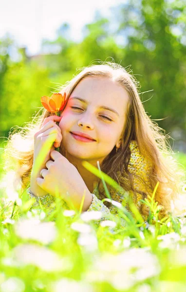 Ребенок наслаждается весенним солнечным днем, лежа на лугу. Девушка на мечтательном лице держит красный цветок тюльпана, наслаждается ароматом. Сезонная аллергия. Девушка лежит на траве, природа на заднем плане, обезглавлена — стоковое фото