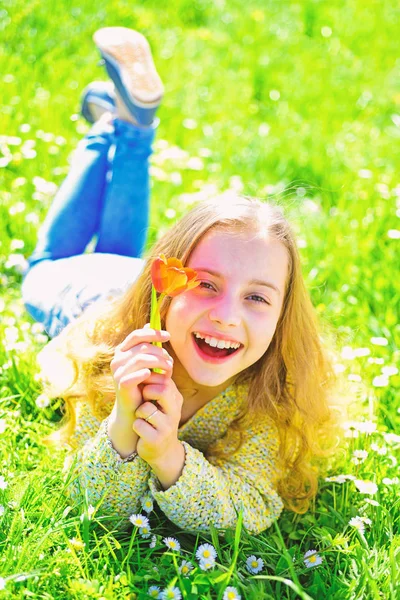 Дівчина на усміхненому обличчі тримає червону квітку тюльпанів, насолоджується ароматом. Дівчина лежить на траві, трава на фоні. Молодість і безтурботність. Дитина насолоджується весняним сонячним днем, лежачи на лузі з квітами — стокове фото