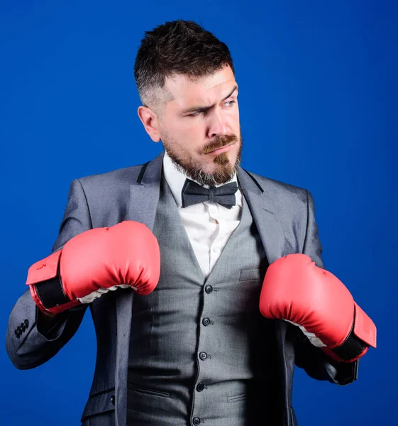 Achieve success. Tactics proven to work. Criminal defense lawyer planning out strategies. Businessman wear boxing gloves. Best criminal defense lawyer strategies. Attack and defense concept — Stock Photo, Image