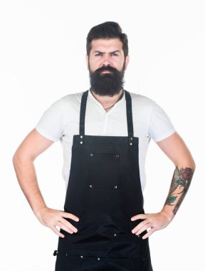 Sakallı hipster önlük giyer. Adam acımasız hipster pişirir. Fast food restoran. Ciddi bir sakallı aşçı. Restoran personeli. Hipster profesyonel barista apron üniforma. Garson ya da barmen. Hazır servis içeceği