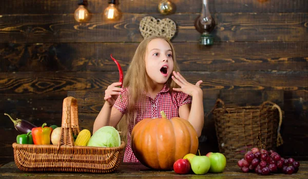 Meisje Kid op boerderij markt met Fall Harvest. Kid Farmer met oogst houten achtergrond. Boerderij thema games en activiteiten voor kinderen. Kind klein meisje te vieren oogsten. Familieboerderij Festival concept — Stockfoto