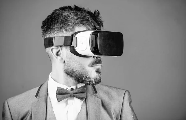 Business man virtual reality. Modern gadget. Innovation and technological advances. Business implement modern technology. Businessman explore virtual reality. Digital technology for business