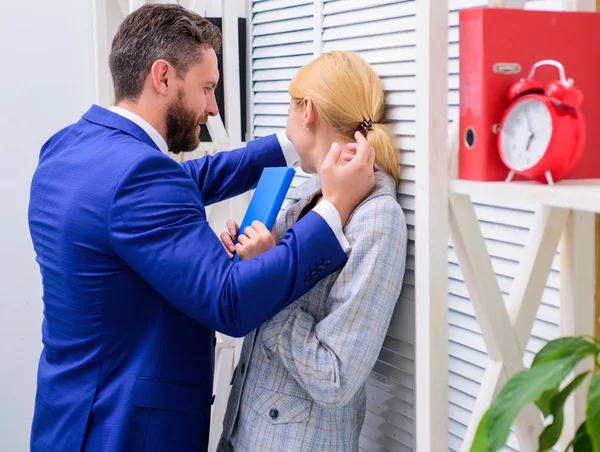 Prejudice office. Office woman and her lustful boss. Woman sad face hold poster hashtag me too.