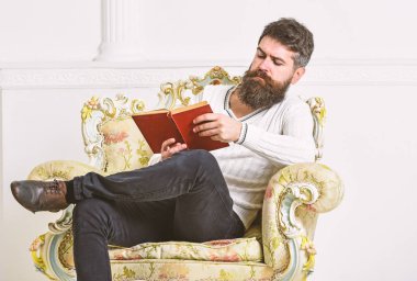 Sakal ve bıyık oturur koltuk ve kitap okumak, beyaz duvar arka plan üzerinde olan adam. Bilgi kavramı. Maço akıllı kitap ile boş zaman harcıyor. Bilim adamı, Profesör ciddi yüz edebiyat araştırıyor