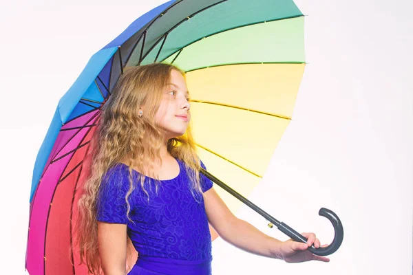 Stay positive fall season. Ways to improve your mood in fall. Ways to brighten your fall mood. Colorful accessory for cheerful mood. Girl child long hair ready meet fall weather with umbrella