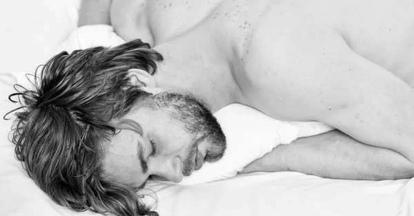 Sleep and relax concept. Man handsome guy sleep. Sleep is vital to your physical and mental health. Healthy sleep habits. Feel comfortable and relax. Man unshaven bearded face sleep bed. Time for nap