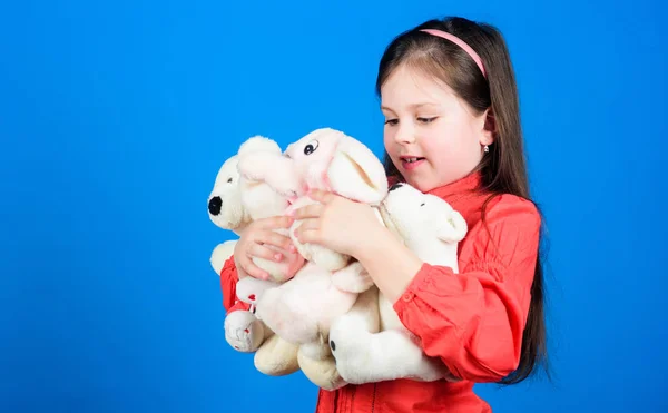 Happy childhood. Birthday. hugging a teddy bear. small girl with soft bear toy. Childrens room. toy shop. childrens day. Best friend. little girl playing game in playroom. Playing with toys — Stock Photo, Image