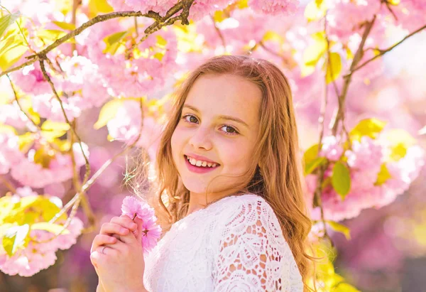 Słodkie dzieci cieszyć się aromatem sakura na dzień wiosny. Dziewczyna na uśmiechnięta twarz stojący w pobliżu sakura kwiaty, rozmyte. Dziewczyna z długimi włosami odkryty, Wiśniowy kwiat, na tle. Koncepcja perfum i zapach — Zdjęcie stockowe