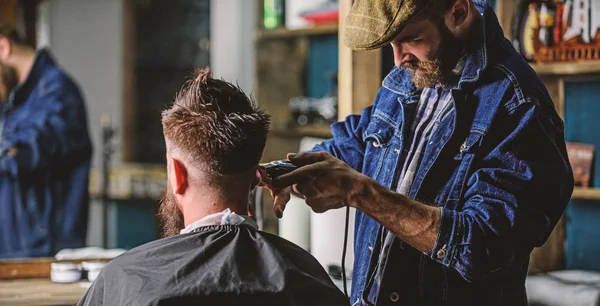 Barber with clipper trimming hair of client, rear view. Hipster client getting haircut. Hipster lifestyle concept. Barber with hair clipper works on haircut of bearded guy, barbershop background