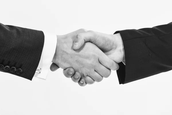 Negócio bem sucedido handshake fundo branco. Apertar as mãos na reunião. Um gesto amigável de aperto de mão. aperto de mão depois de assinar acordo rentável. Conceito de gesto de aperto de mão. Acordo comercial de parceria — Fotografia de Stock