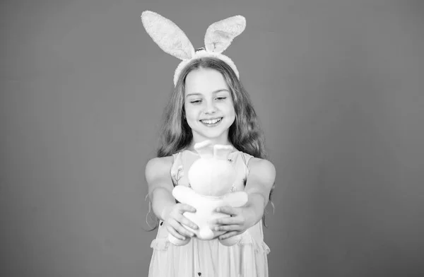 Happy easter. Playful baby celebrate easter. Spring holiday. Happy childhood. Ready for Easter day. Easter activities for children. Holiday bunny girl with long bunny ears. Child cute bunny costume — Stock Photo, Image