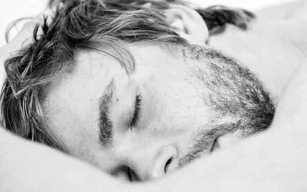 Healthy sleep habits. Man unshaven bearded face sleep bed. Time for nap. Sleep and relax concept. Man handsome guy sleep. Sleep is vital to your physical and mental health. Feel comfortable and relax